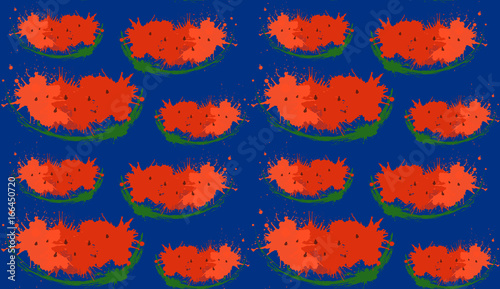 Seamless texture with slices of watermelons and watercolor spray on blue background. Vector pattern for your creativity