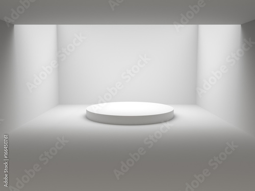 Empty white winners podium in white room with light from ceiling. 3D rendering. © bombybamby