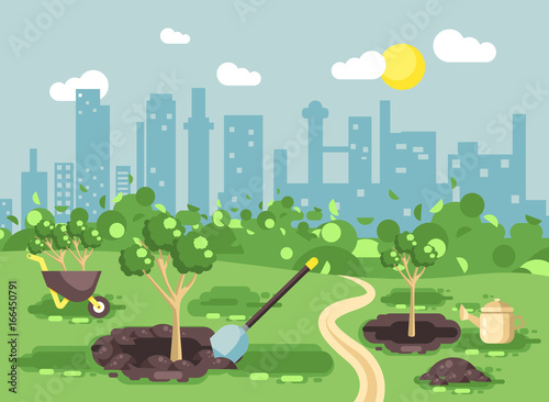 Vector illustration landscape, scenery, view, scene, planting garden seedlings of tree watering from geek, wheelbarrow, shovel, excavated pits in ground, taking care of ecology city flat style