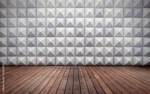 Abstract empty concrete interior with polygonal wall pattern and wooden floor