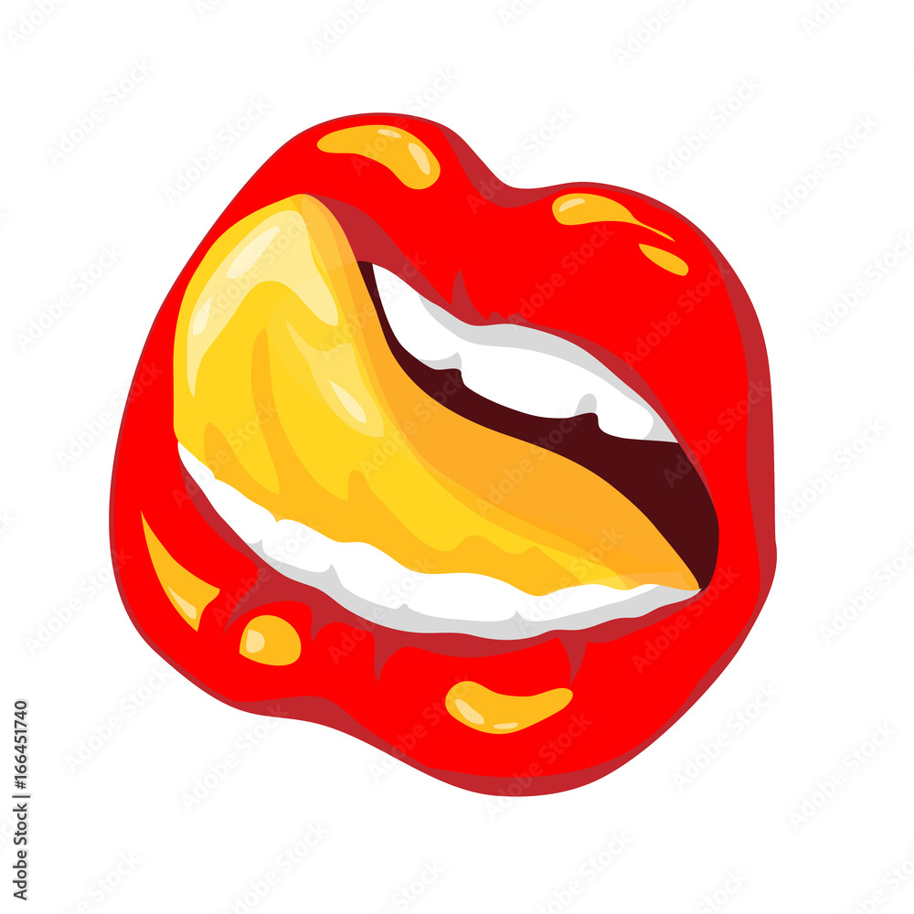 Scarlet lips with tongue thrusting. Vector illustration. Gold, Golden tongue, Golden drops. Scarlet lips with tongue thrusting. Vector illustration. Gold, Golden tongue, Golden drops.