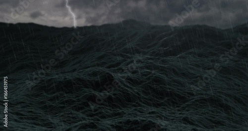 stormy ocean, waves on rough sea or stormy ocean water, with thunders and lightnings and cloudy weather and rain
