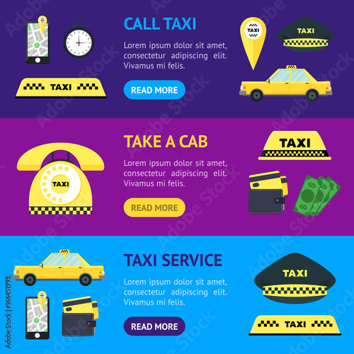 Taxi Transportation Service Banner Horizontal Set. Vector