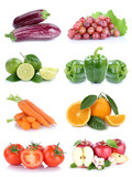 Obst und Gemüse Früchte Apfel Tomaten Orangen Möhren Weintrauben Farben Collage Freisteller freigestellt isoliert