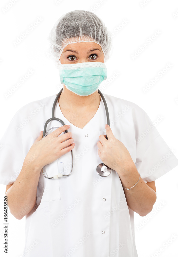 young woman doctor with stethoscope and mask young woman doctor with stethoscope and mask