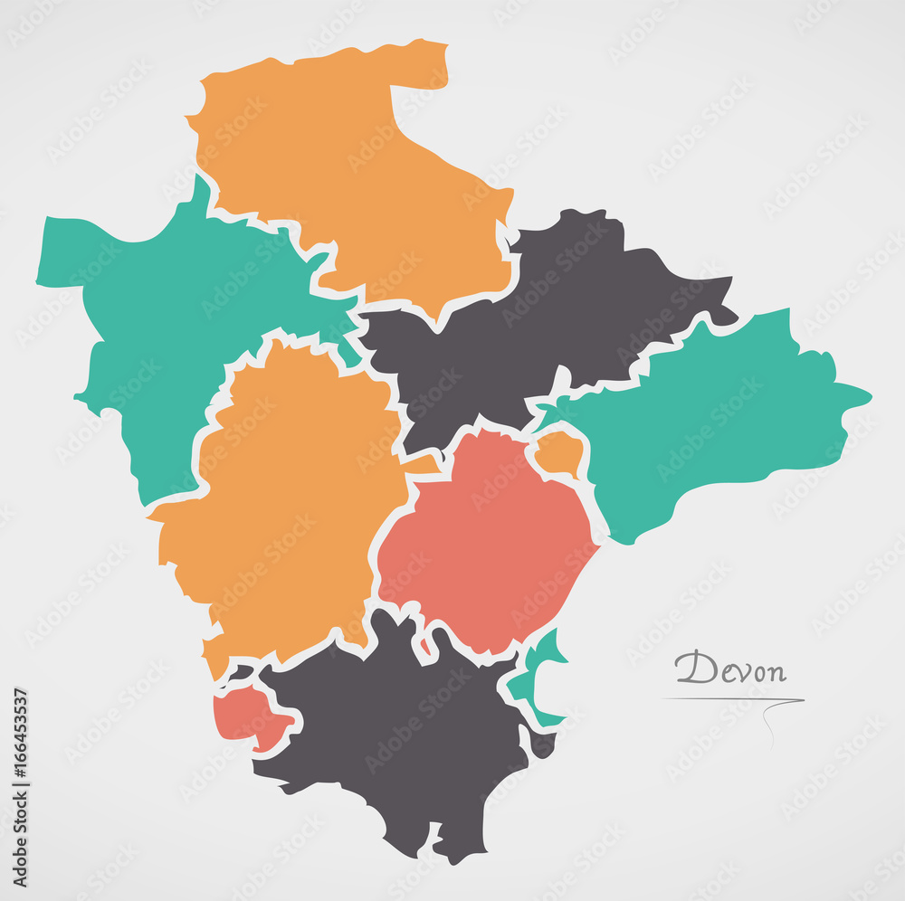 Devon England Map with states and modern round shapes
