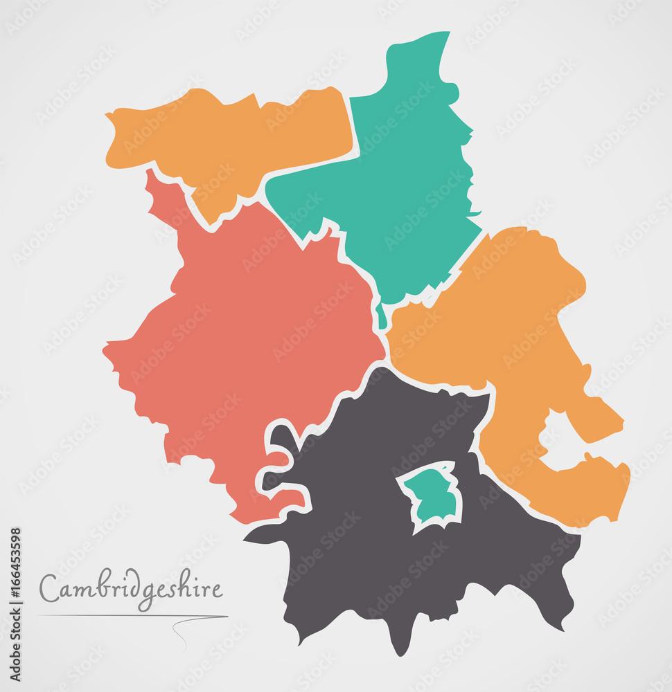 Cambridgeshire England Map with states and modern round shapes