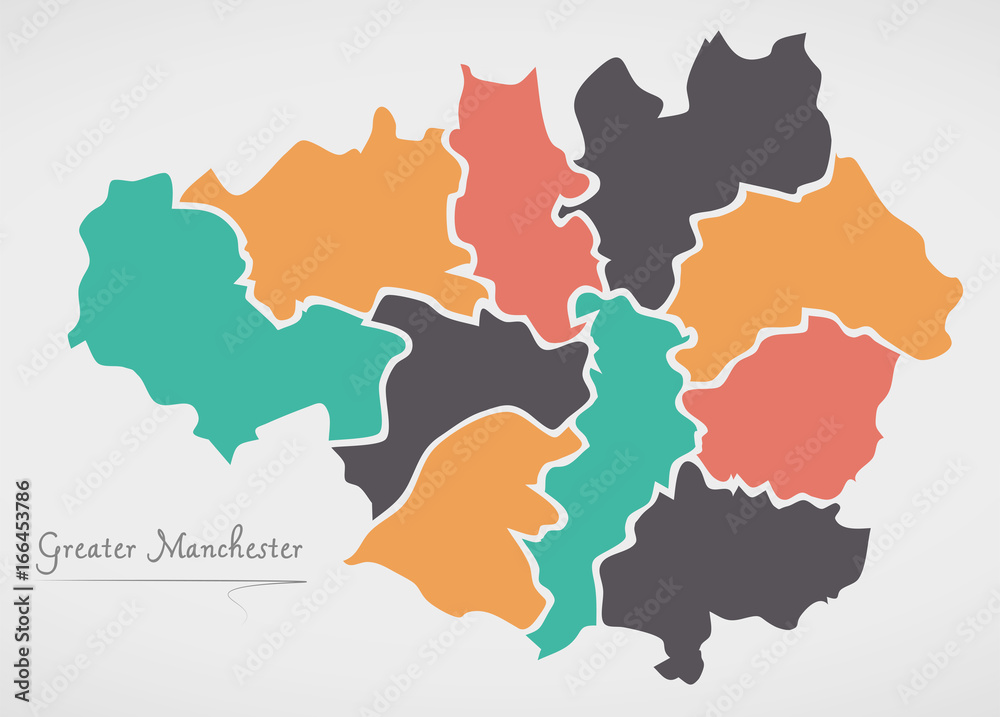 Greater Manchester England Map with states and modern round shapes