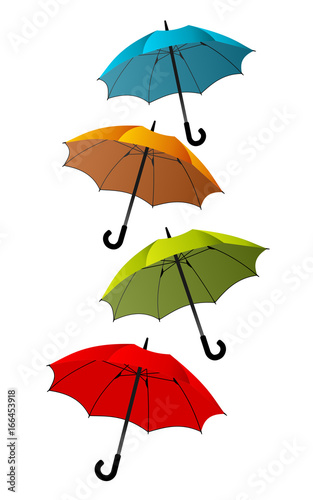 Vertical stacked colorful umbrellas over white background photo