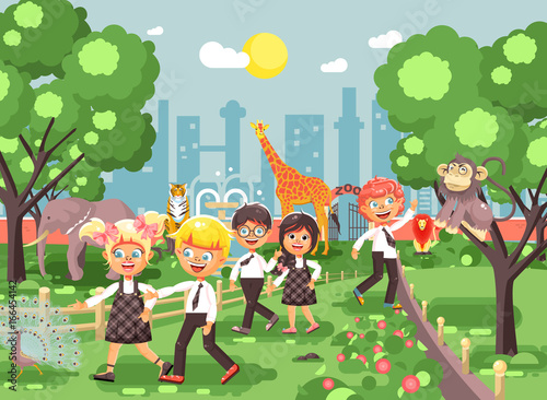 Vector illustration or banner for site with schoolchildren, classmates on walk, school zoo excursion zoological garden, boys and girls watching wild animals and birds flat style, city background