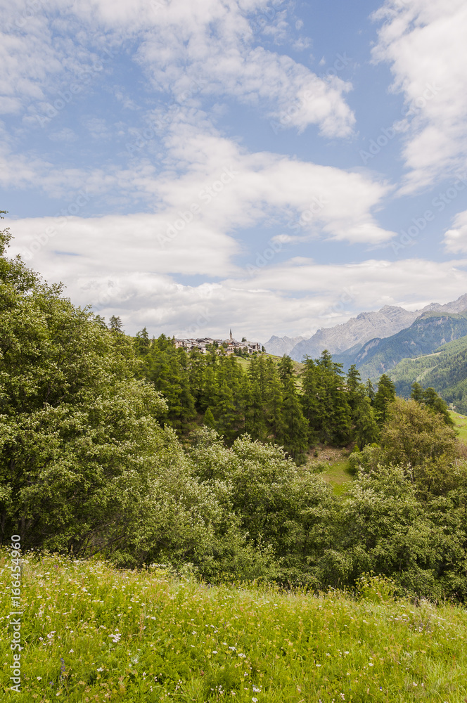 Guarda, Dorf, Engadin, Unterengadin, Wanderweg, Via Engiadina, Nationalpark, Lärchenwald, Graubünden, Alpen, Sommer, Schweiz