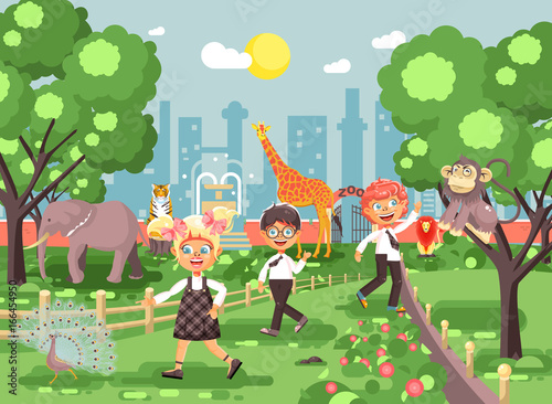 Vector illustration or banner for site with schoolchildren, classmates on walk, school zoo excursion zoological garden, boys and girls watching wild animals and birds flat style, city background
