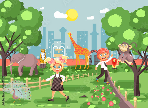Vector illustration or banner for site with schoolchildren, classmates on walk, school zoo excursion zoological garden, boy and girl watching wild animals and birds flat style, city background