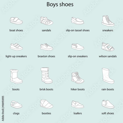 Boys shoes, set, collection of fashion footwear with names. Baby, kid, child, childhood. Vector design isolated illustration. Black outlines, white images, blue background.