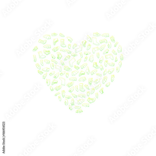 Kids shoes, set, collection of fashion footwear, poster in shape of heart. Baby, girl, boy, child, childhood. Vector design isolated illustration. Green and yellow outlines, white background.