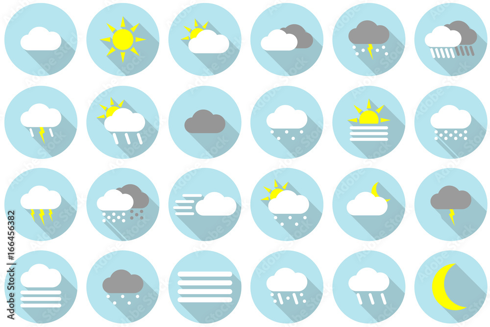 Icon set of different colored weather symbols in blue