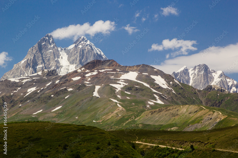 Ushba peak in Caucasus mountains in Upper Svaneti