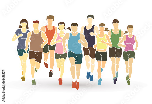 Marathon runners, Group of people running, Men and women running graphic vector.