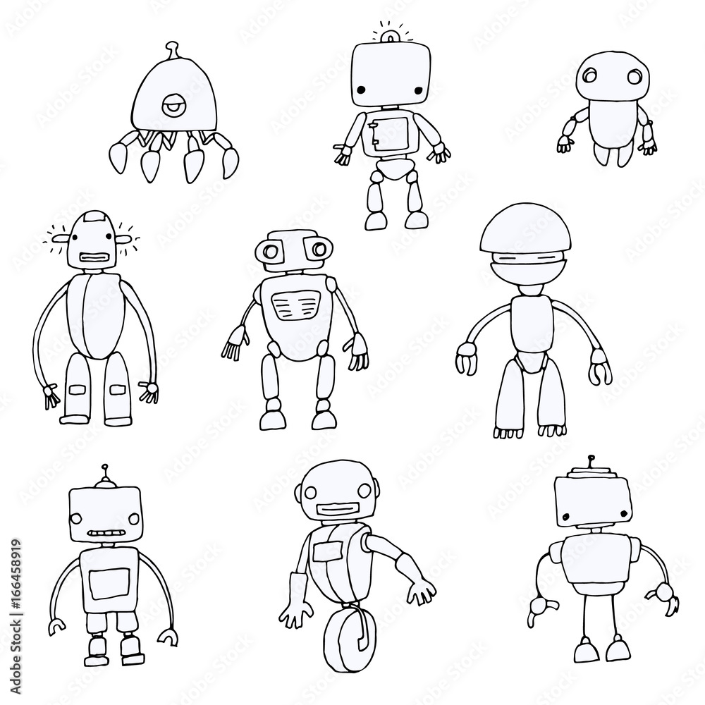 Fototapeta premium Set of doodle robots, vector