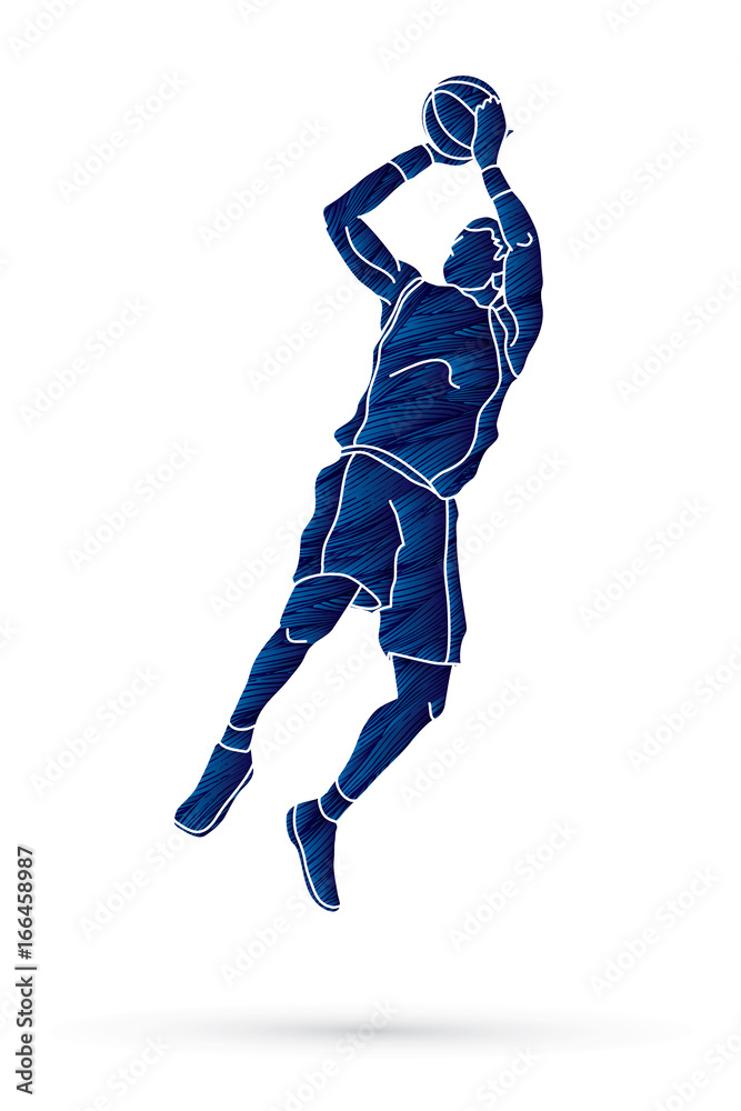 Obraz premium Basketball player jumping and prepare shooting a ball designed using grunge brush graphic vector