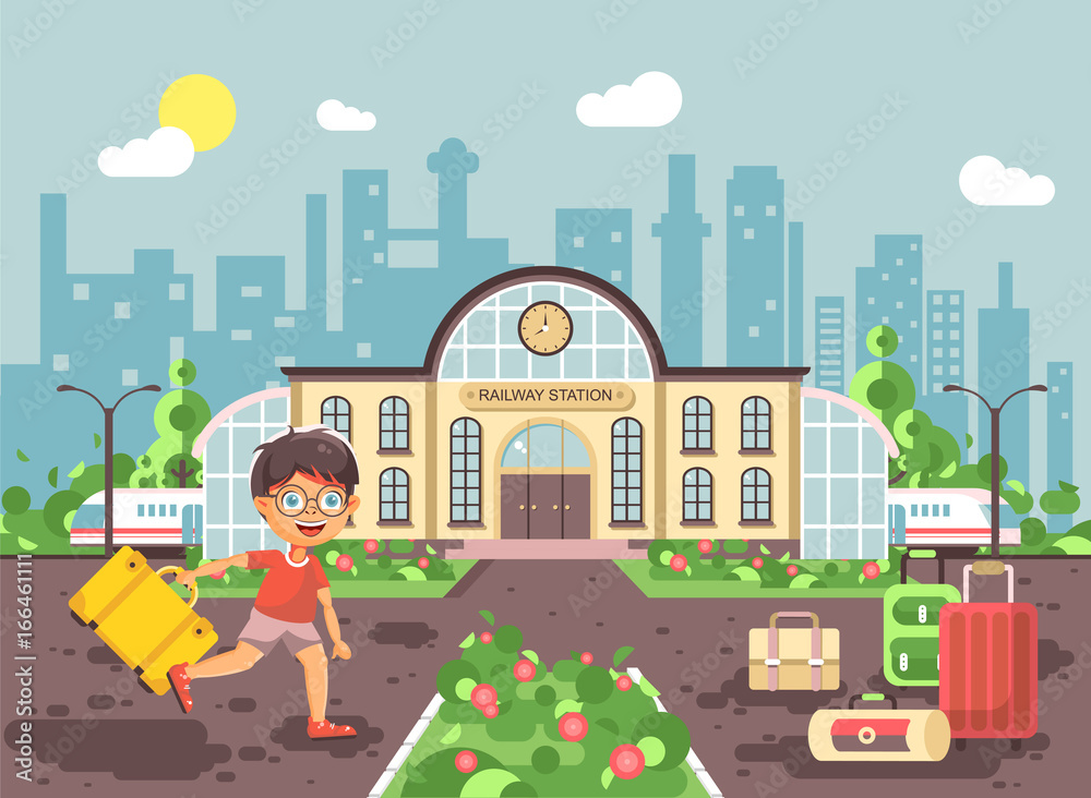 Vector illustration of cartoon character child, late boy running at railway station building with bags and suitcases awaiting train for travel trip holiday weekend in flat style city background