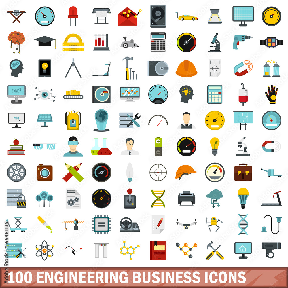 100 engineering business icons set, flat style