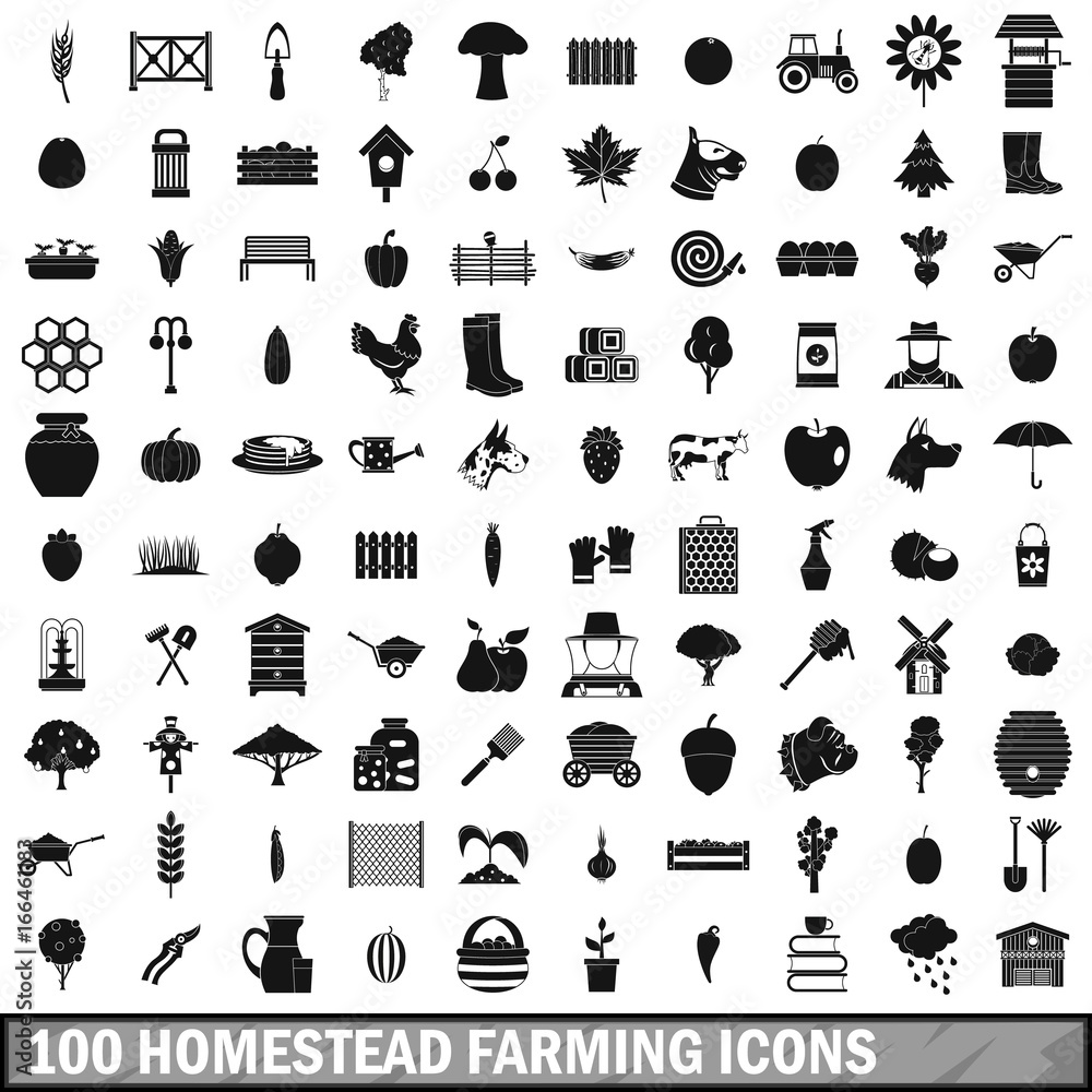 100 homestead farming icons set, simple style 100 homestead farming icons set, simple style
