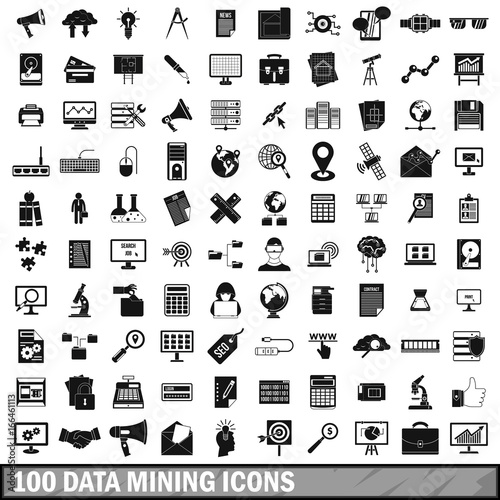 100 data mining icons set, simple style 