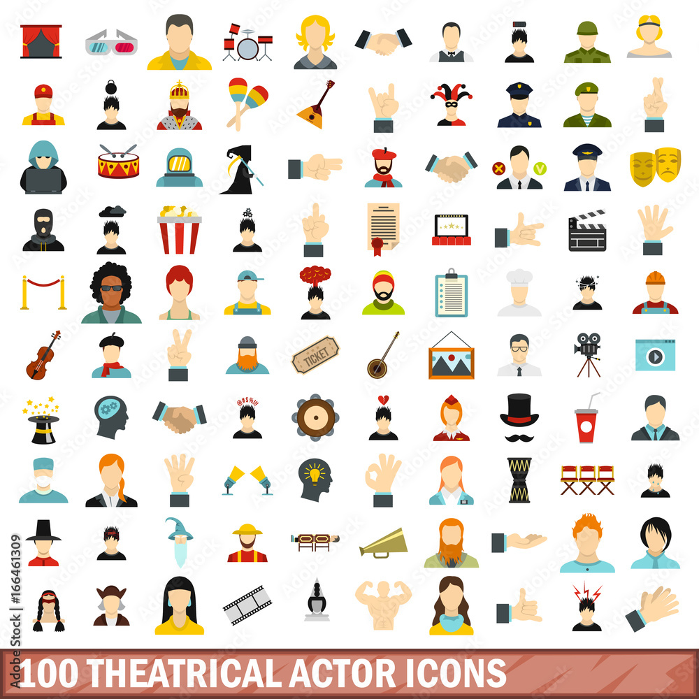 100 theatrical actor icons set, flat style 100 theatrical actor icons set, flat style