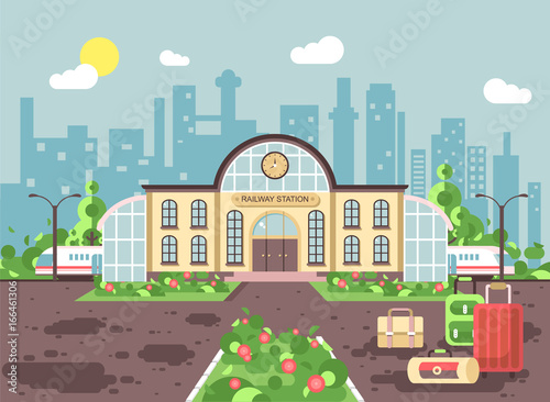 Vector illustration banner of cartoon railway station building with bags and suitcases, train departure or arrival, for travel trip holiday weekend in flat style on city background