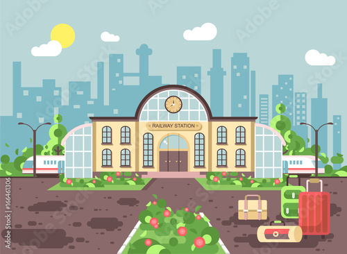 Vector illustration banner of cartoon railway station building with bags and suitcases  train departure or arrival  for travel trip holiday weekend in flat style on city background