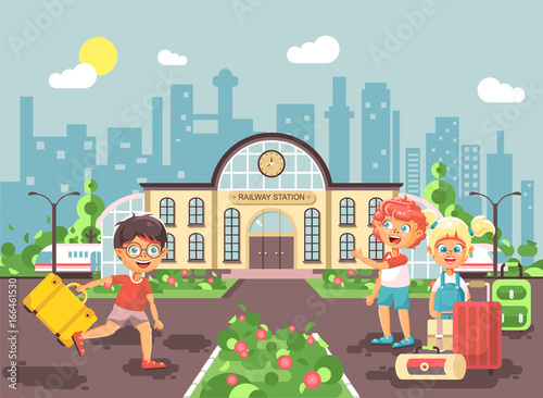 Vector illustration cartoon characters late boy and girl running to little children standing at railway station building with bags and suitcases awaiting train flat style city background