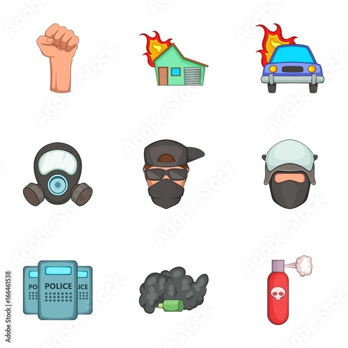 Public unrest icons set, cartoon style