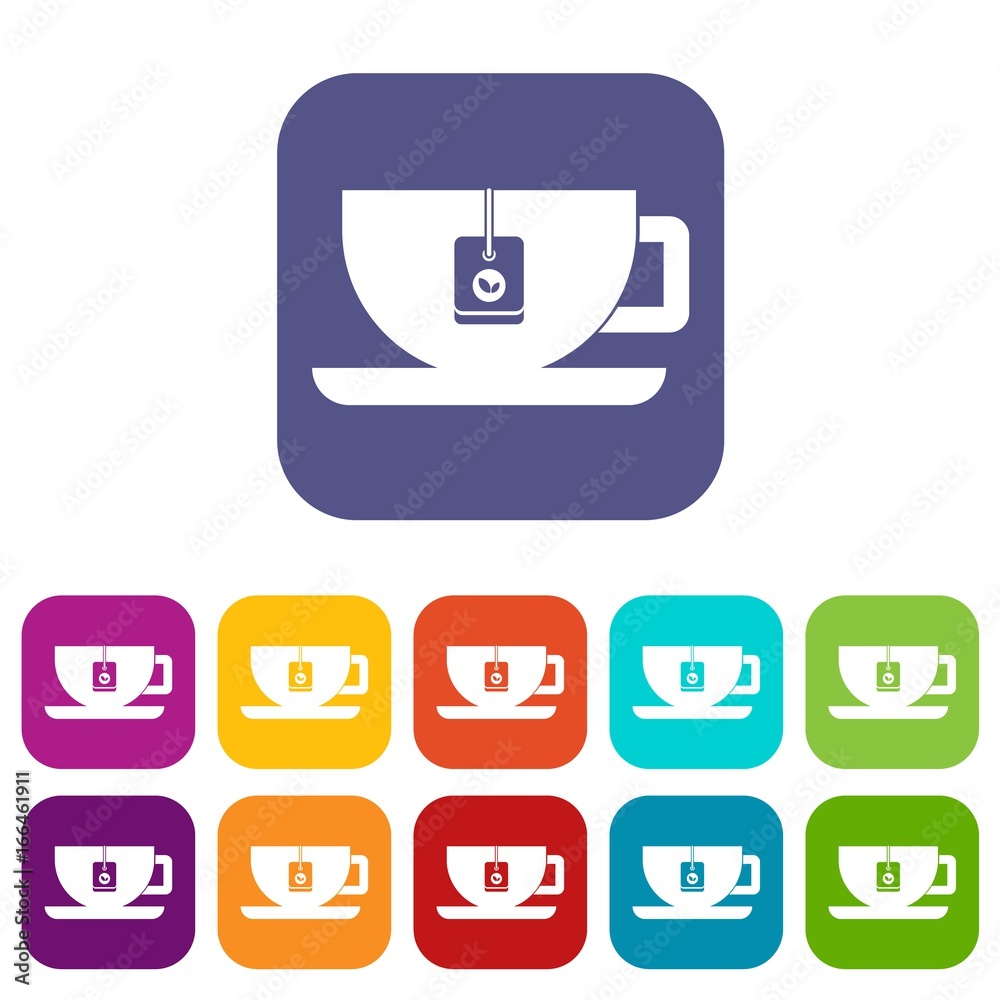 Cup of tea with tea bag icons set Cup of tea with tea bag icons set