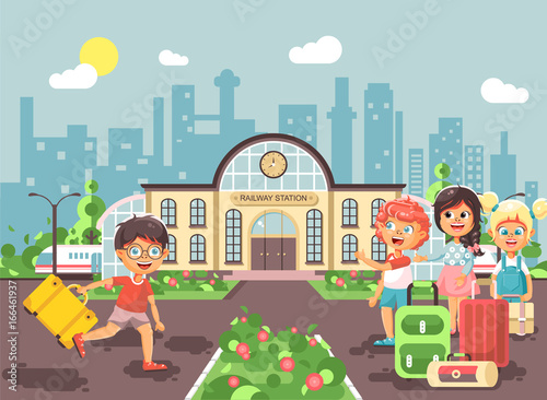 Vector illustration cartoon characters late boy and girl running to little children standing at railway station building with bags and suitcases awaiting train flat style city background