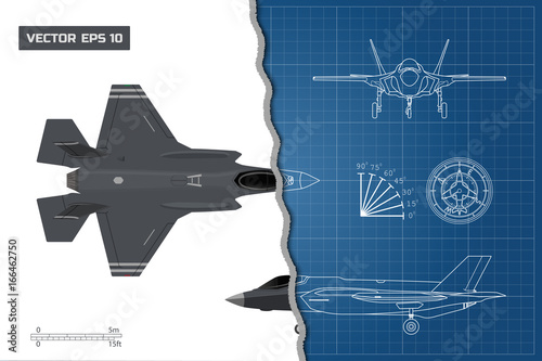 Drawing of military aircraft. Industrial blueprint. Top, side, front views. Fighter jet. War plane with external weapons. Vector illustration.