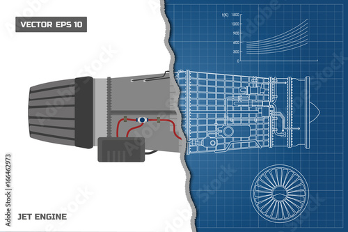 Jet engine in a outline style. Industrial vector blueprint. Part of the aircraft. Side view. Vector illustration