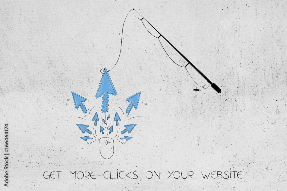 fishing rod catching pointers from a computer mouse, clickbait Stock  Illustration