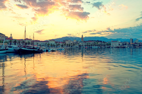 Panoramic view on town Split at sunrise from the side of sea - Dalmatia, Croatia