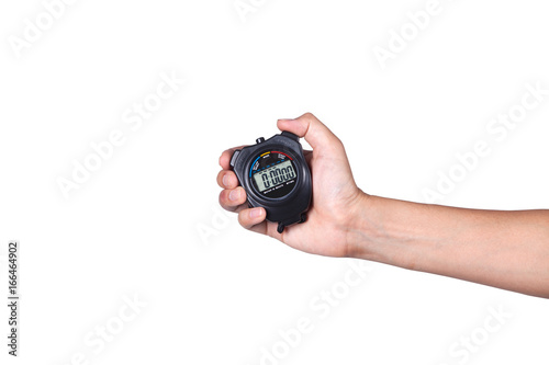 stopwatch on hand isolated on white background with space for copy.