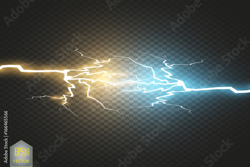 Collision of two forces with gold and blue light. Vector illustration. Hot and cold sparkling power. Energy lightning with electric discharge isolated on transparent background