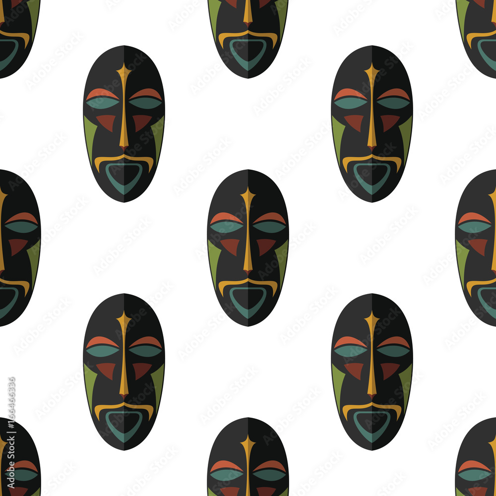 African mask seamless pattern vector illustration background. Flat icon. Ritual symbol. African mask seamless pattern vector illustration background. Flat icon. Ritual symbol.