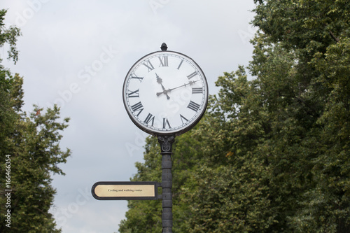 Watch with round white dial and roman numerals on a black pole in the park in summer sunshine