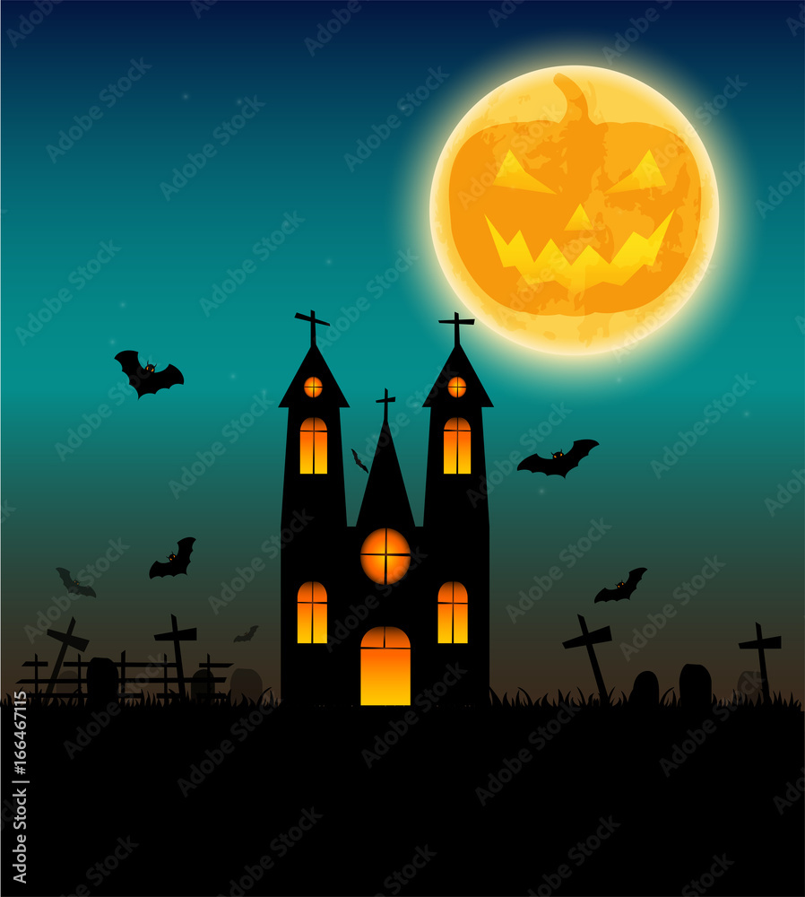Halloween background with flying bat on  and the full moon. Vector illustration. Happy Halloween Poster.