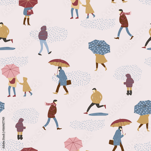 Vector illustration of people in the rain. Autumn mood. Seamless pattern.
