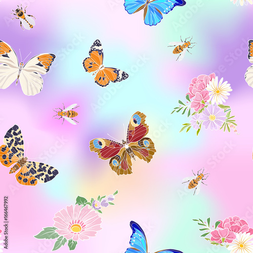 Floral seamless pattern with butterflies and bees in realistic botanical style.  Stock vector illustration. In vanilla pastel colors © Elen  Lane