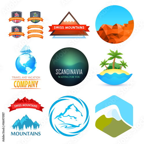 Set of Travel Emblem with Mountains, Ships and Sea Exotic Landscapes