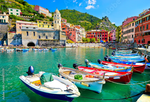 View of the beautiful seaside of Vernazza village in summer in the Cinque Terre area, Italy.