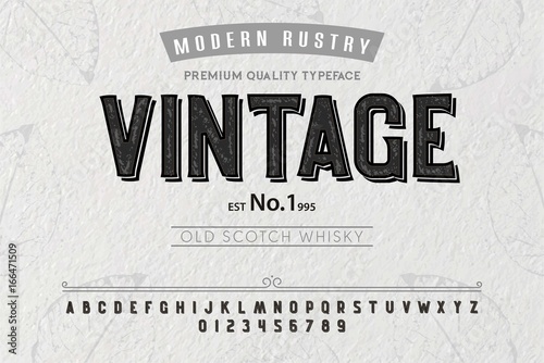 Font. Alphabet. Script. Typeface. Label.Vintage typeface. For labels and different type designs