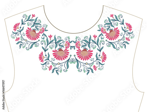 Embroidery for neckline, collar for T-shirt, blouse, shirt. Pattern of flowers. Stock vector illustration.
